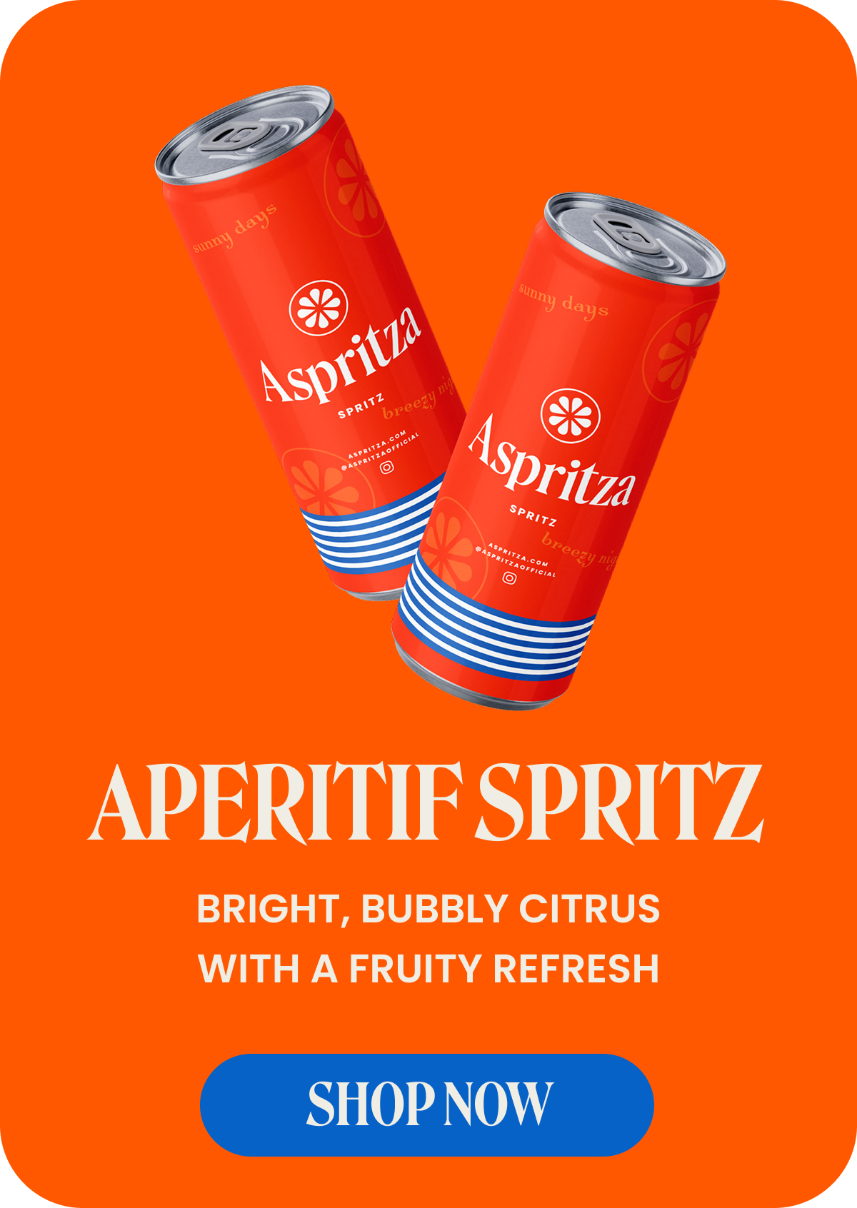 Two red cans of Aspritza Aperitif Spritz on an orange background with promotional text.