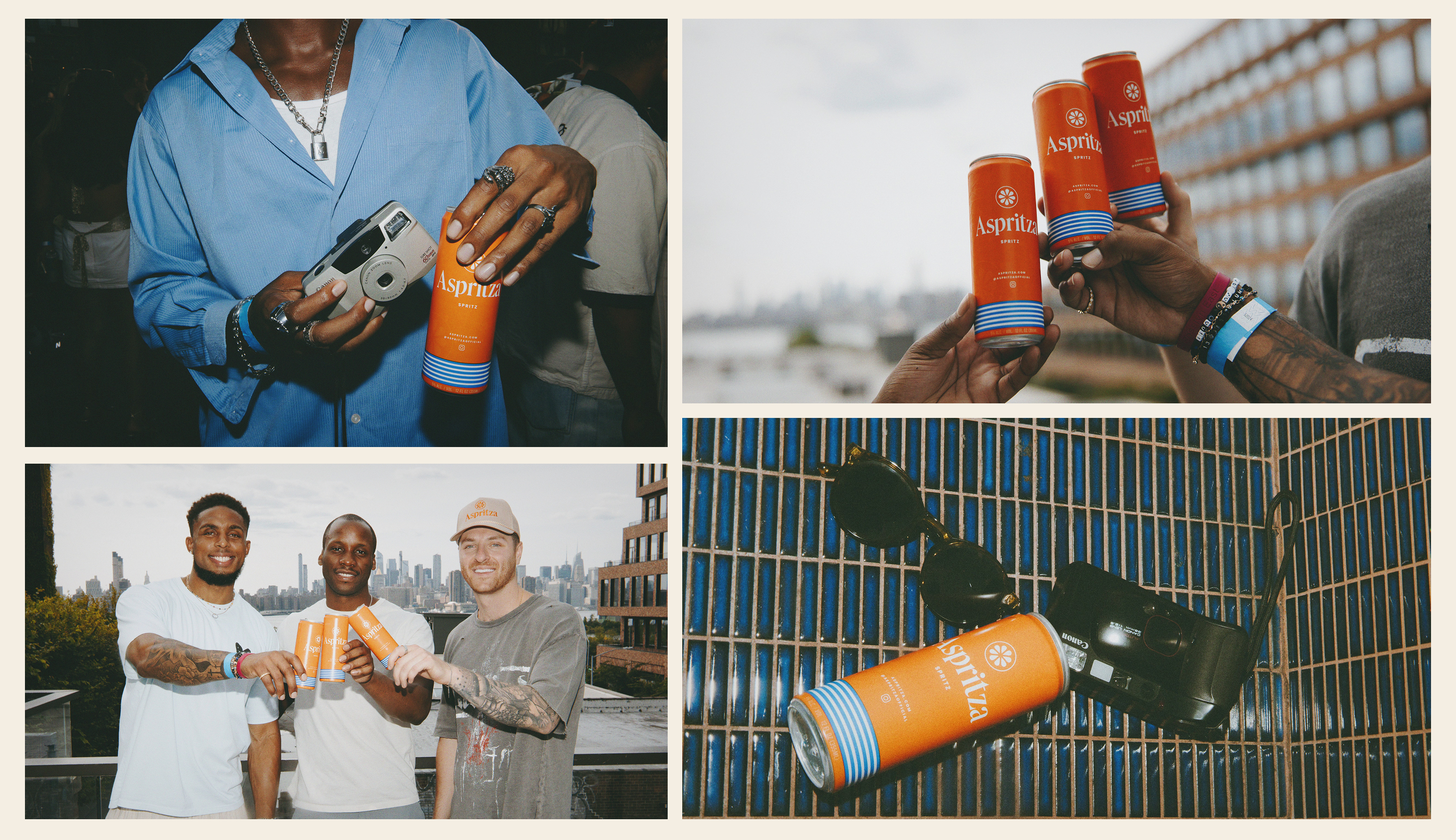Collage of people holding and interacting with Aspritza cans.